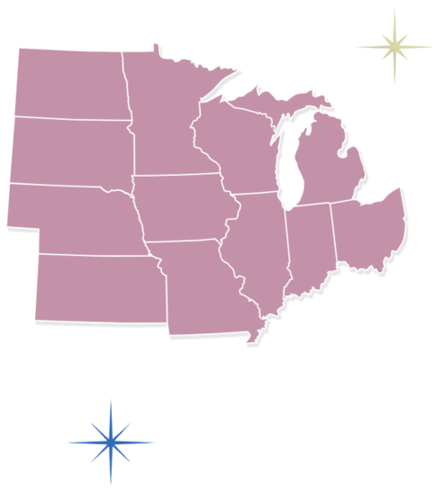 Midwest region state map.